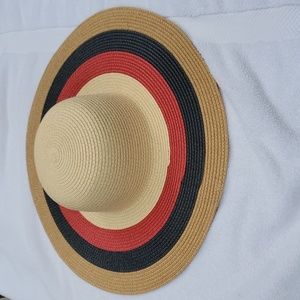 5" Wide Brim Straw Beach Hat - Tan, Red &  Blue